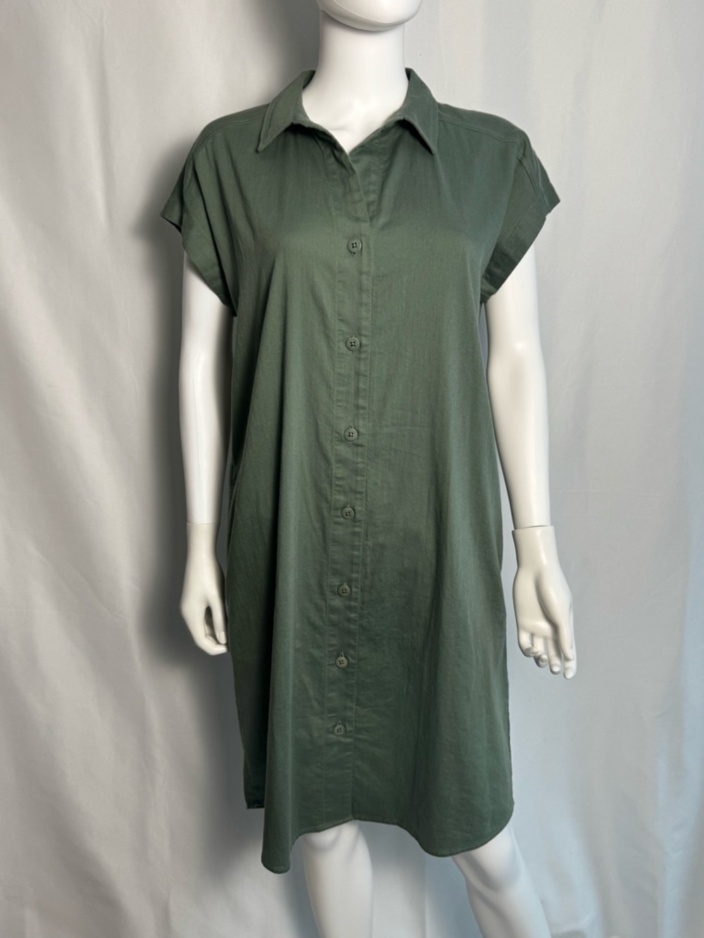 Eileen Fisher Olive Green Short-Sleeve Button Midi Dress